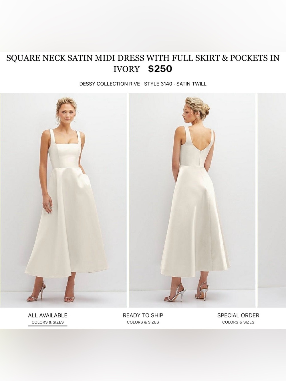 Dessy Collection Ivory Square-Neck Satin Midi Dress with Pockets